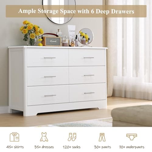 HOSTACK 6 Drawer Dresser, Modern White Double Dresser, Wide Chest of Drawers with Metal Handels, Accent Wood Storage Chest Organizers for Living Room, Hallway, Entryway (Trapezoid/White) 7