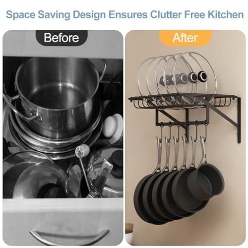 Hongtamoy 2 Packs Wall Mounted Pot Lid Rack Organizer, Hanging Pot and Pan Lid Organizer for Kitchen with 12 Upgrade Hooks, Pot Lid Holder for Cookware,Pans,Utensils Organization, Black 8