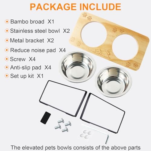 Elevated Cat Bowls 15° Tilted Raised Puppy Pet Food and Water Stainless Steel Bowl Pets Wood Stand Feeder with Pawprint Pattern, for Indoor Cats, Small Dog 7