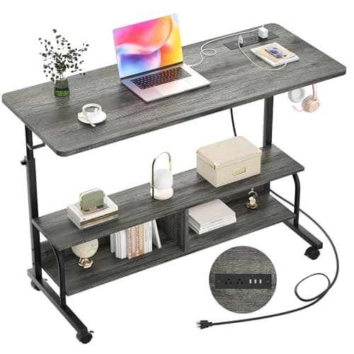 Armocity Rolling Standing Desk with Power Outlets, 47" Manual Height Adjustable Mobile Computer Desk with Wheels, Portable Sit Stand Laptop Couch Table for Bed & Sofa Home Office, Grey Oak