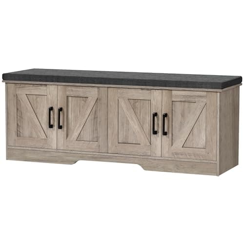 HOMSHO 2-Tier Storage Bench, 47.2" Wide Shoe Bench with Padded Seat Cushion, Entryway Bench with 4 Barn Doors and Adjustable Shelf, Greige