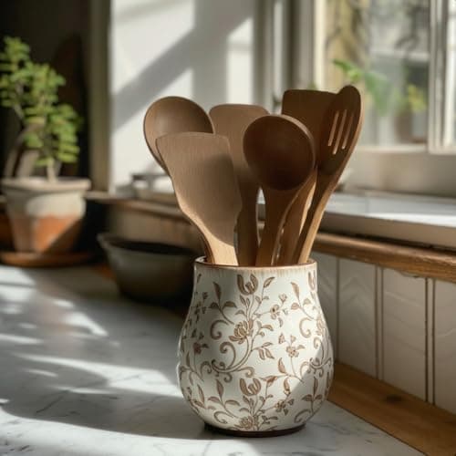 JIEMEI HOME Kitchen Utensil Holder, 6.3" Ceramic Rustic Utensil Crock for Countertop, Farmhouse Cooking Tool Organizer, Spatula Holder For Kitchen Decor, Brown Floral 7