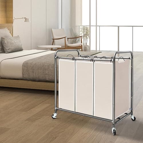 STORAGE MANIAC 3 Section Laundry Sorter, 35.9 Gal (136 L) Laundry Hamper Cart with Heavy Duty Rolling Lockable Wheels and Removable Bags, Clothes Organizer Basket Clothes Separator Hamper, Beige 7