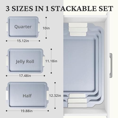 BRONYPRO Non Stick Ceramic Baking Sheet Pan Set of 3, Natural Non Toxic Cookie Sheets for Baking - PFOA, PTFE Free, Heavy Duty Aluminized Steel Oven Trays for Cooking with Silicone Handles, Cream 6