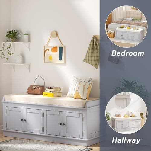 ROOMTEC 42.7″ Storage Bench w/4 Doors and Adjustable Shelves, ShoeBench w/Removable Cushion & Seating for Entryway Living Room Hallway Bedroom, Assembled Gray Wash 5