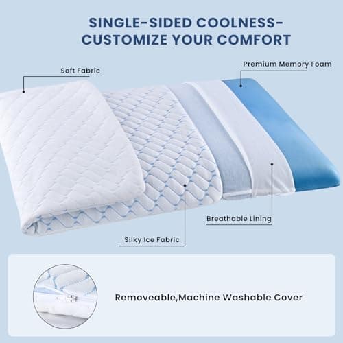 Tuozaiira Ultra Thin Flat Pillow(2.6'') for Stomach & Back Sleepers, Low Loft Gel Memory Foam Pillow with Cooling Washable Cover, Standard Size 5