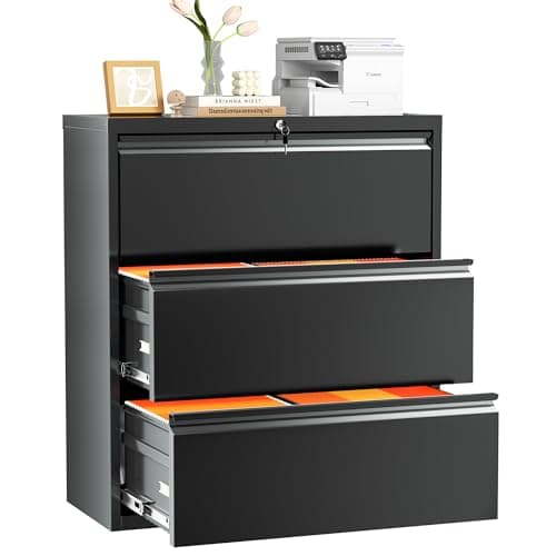 INTERGREAT 3 Drawer Lateral File Cabinet with Lock, 28" W Lateral Filing Cabinet for Legal/Letter A4 Size, Locking File Cabinets for Home Office, Assembly Require, Black