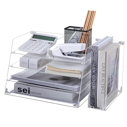ACRYLATO, Acrylic Desk Organizer - 4-Tier Tray with Vertical File Holder for Books, Stationary, Letter, Magazines, Documents, and File Organizer - Durable Space Saving Storage, For Home and Office 9
