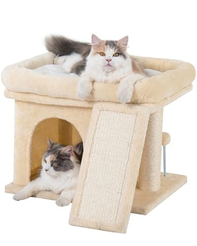Aechonow Small Cat Tree Tower for Large Cat, Cat Bed House with Large Perch for Adult Cats, 20 * 16.5 Inch Big Platform for Indoor with Super Cozy Soft Mat, Large Cat Condo with Scratching Post, Beige