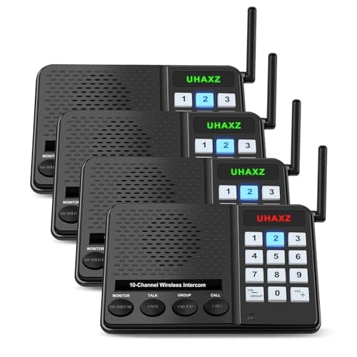UHAXZ Intercoms Wireless for Home, Long Range Intercom 6000ft, Home Intercom System Wireless with Group Call, 10 Channel, 8 Volume Levels Intercom System for Busines Office Elderly(4 Packs)