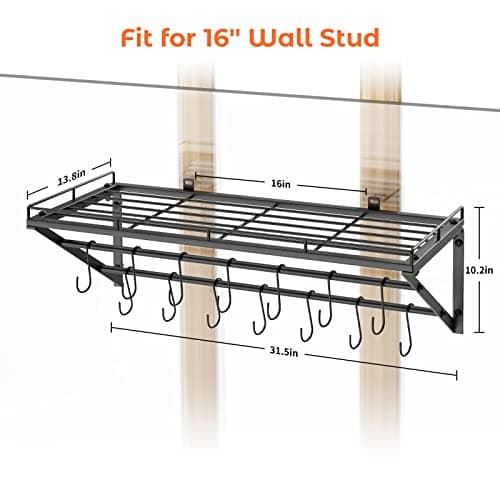 OROPY 31 Inch Wall Mounted Pot Rack Storage Shelf with 2 Tier Hanging Rails 14 S Hooks included, Ideal for Pans, Utensils, Cookware - Black 5