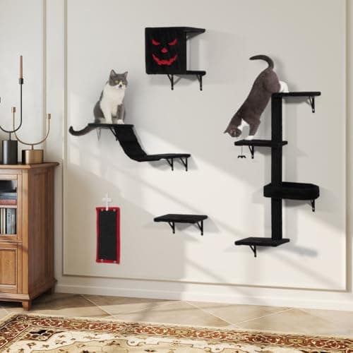 COZIWOW Wall-Mounted Cat Tree | Space-Saving Feline Furniture with Multiple Levels | Durable Scratch Post for Indoor Cats, Black&Red 9