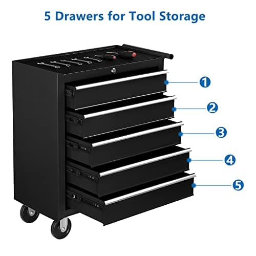 TUFFIOM 5-Drawer Rolling Tool Chest w/Drawers & Lock, Tool Storage Cabinet with Lockable Wheels, Top Cushion & Drawer Liners, Tool Organizer Box for Garage, Warehouse & Repair Sho 5