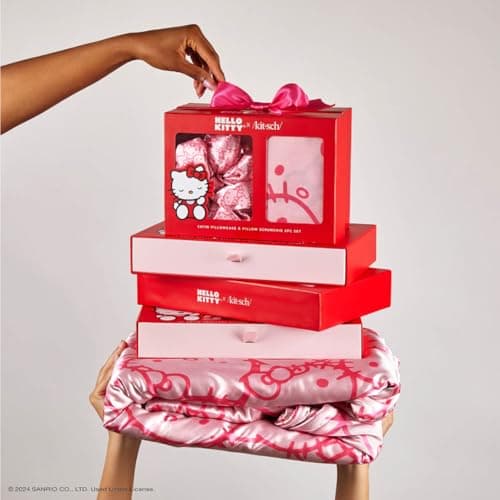 Kitsch Hello Kitty Satin Pillowcase, Softer Than Silk for Hair & Skin, Machine Washable, Wrinkle-Free, Standard Size, and Satin Scrunchies No Damage Hair Ties Pink Kitty Faces, 2 Piece Set 8