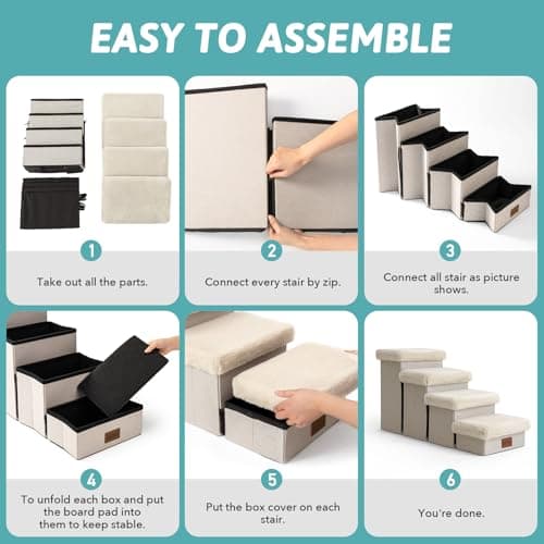 Dog Stairs with Storage, Wider Sturdy Dog Steps for Small/Medium/Large Dogs and Older Cats, Folding Doggie Ramp for Bed/Couch/Car Hold Up to 210 lbs (Cream, 24.8x13x13.58in) 5