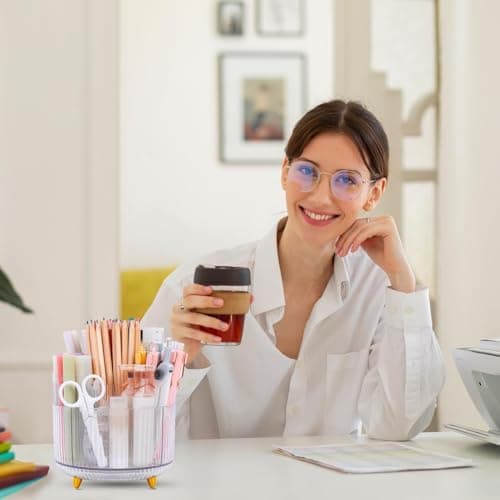 SKYDUE Rotating Pencil Pen Holder, Pen Organizer with 5 Slots - Aesthetic Desk Organizer and Accessories for School, Home, Office Supplies, Clear 6