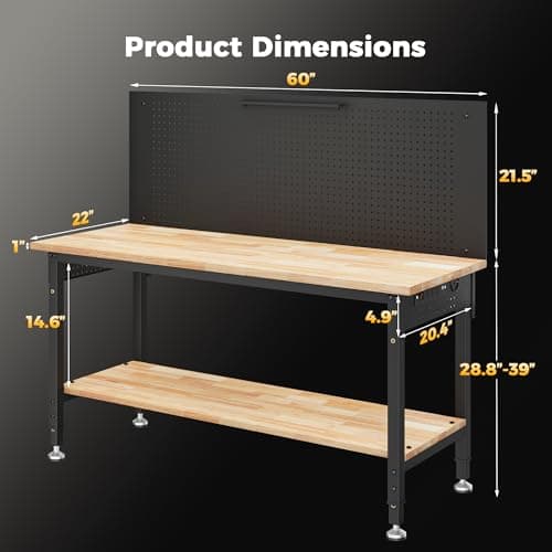 CAMMOO 60" Work Bench Adjustable Height with Storage Shelf, Max Load 2000 LBS Heavy Duty Rubberwood Tabletop with Pegboard, LED Light, Built-in Power Strip for Woodworking Shop, Garage, Home 8