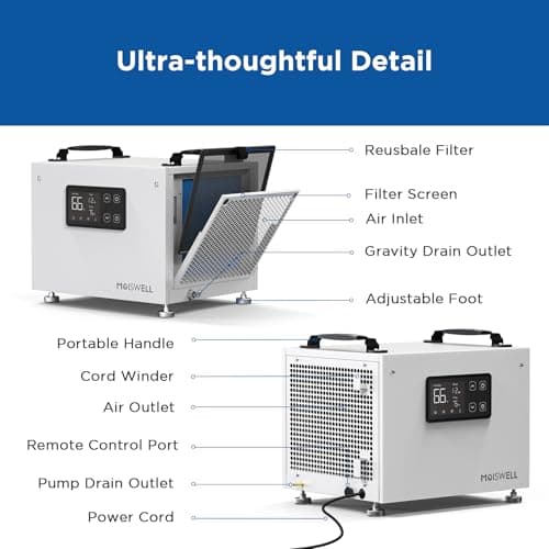 Moiswell 70 Pints Commercial Dehumidifier with Pump Portable Crawl Space Dehumidifier for Basement Energy Star Efficient Certified Compact Dehumidifiers for Home, Auto Defrost, Timer 6