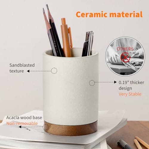 Officepal Pen Holder for Desk, Ceramic Pencil Organizer & Makeup Brush Holder, Office Decor and Desk Accessories，Perfect Office Organization,Teacher Supplies (White, Set / 1) 5