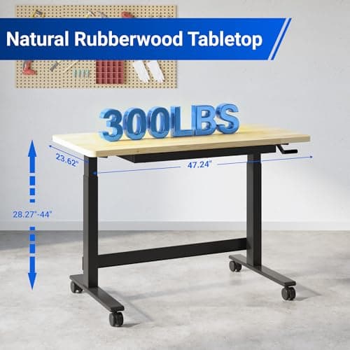 FLEXIMOUNTS 47.2" x 23.6" Adjustable Height Workbench with Hand Crank, Drawers & 360° Wheels – Rubber Wood Top Heavy-Duty Workstation & Steel Frame for Garage, Studio, Kitchen or Workshop 6