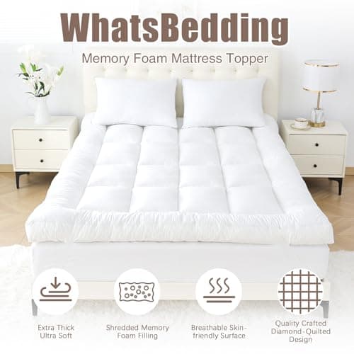 WhatsBedding 5 Inch Memory Foam Mattress Topper Queen for Pressure Relief, 100% Cotton Cover, Comfort Supportive Pillow Top Mattress Topper, 2000GSM Fluffy Shredded Memory Foam Filled 5