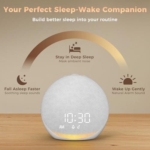 Sound Machine Alarm Clock for Bedroom: 25 Natural Sleep Sounds - White Noise Machine for Adults Kids Baby - Gentle Wake Up Alarm with Bluetooth Speaker - Frost White 5