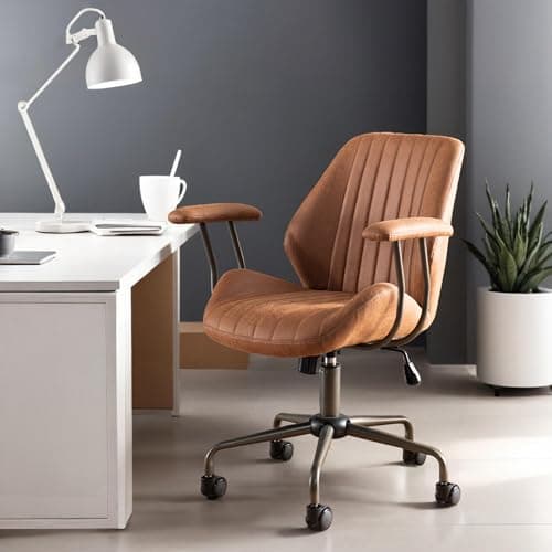 Mid Back Home Office Chair, Mid Century Modern Executive Chair, Comfy Ergonomic Rolling Office Desk Chair with Lumbar Support, Brown Faux Leather Office Chair, Brown