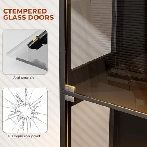 Aauro Home Display Cabinet with Glass Doors, Curio Cabinet with 3 LED Lights and Human Body Sensor, Bookcase with 4 Shelves Storage Cabinets, Black 8