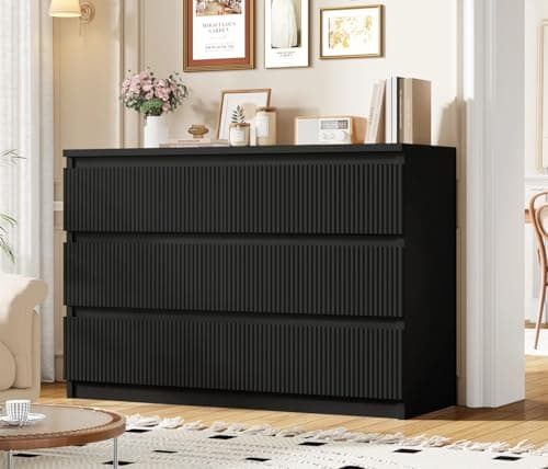 Jocoevol 6 Drawer Dresser for Bedroom, Boho Fluted Dresser with Deep Drawers, Large Double Wood Chest of Drawers for Living Room, Hallway, Entryway, Ink Black