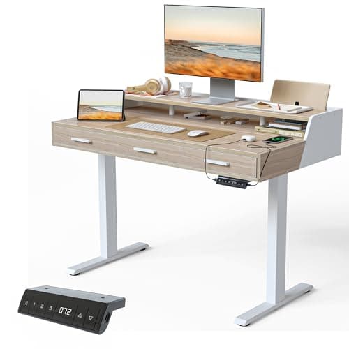 FEZIBO Electric Standing Desk 48x26 Inches with 3 Wood Drawers and Monitor Shelf, Height Adjustable Computer Desk, Ergonomic Rising Home Office Desks, Sit Stand Up Workstation Table, Light Walnut