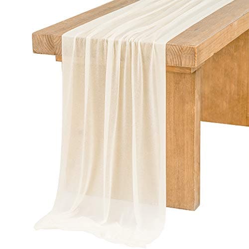 Ling's Moment 14Ft Ivory Sheer Extra Long Chiffon Like Table Runner with Silver Sparkle for Rustic Boho Beige Table Runner Wedding Party Bridal Shower Decorations