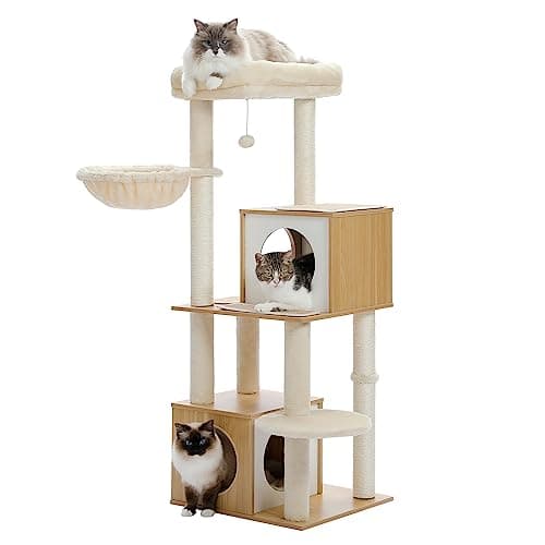 PAWZ Road Large Cat Tree, 51 Inches Wooden Cat Tower with Double Condos, Spacious Perch,Soft Hammock and Totally Wrapped Sisal Posts for Large Indoor Cats-Beige