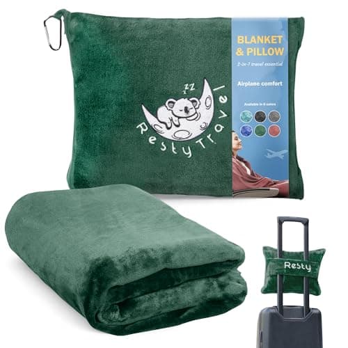 Resty 65"x40" Traveling Airplane Blanket, Forest Green – Lightweight, Velvety Soft Blanket That Becomes a Travel Pillow – Must-Have Comfort for Planes & Road Trips – Travel Essentials for Women & Men