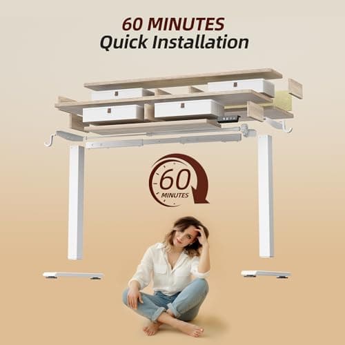 TIQLAB 48 * 28 Inch Standing Desk with Four Drawers, Electric Sit Stand Table, Stand Up Desk Adjustable Height with Storage Shelf, Splice Board, Maple 9