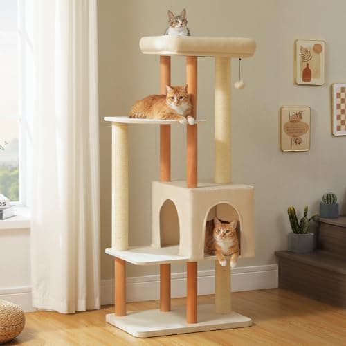 PAWZ Road Large Cat Tree, 53 Inches Modern Wooden Cat Tower for Indoor Large Cats, Multi-Level Cat Condos with Long Scratching Posts and Natural Wood Posts-Beige