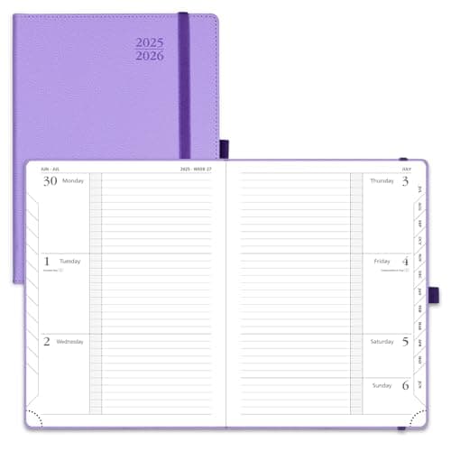 POPRUN Planner 2025-2026 (Medium 6.75''x 8.75''), Horizontal Weekly Notebook Jul.2025 - Jun.2026, Academic Appointment Book with Monthly Tabs, Leather Hardcover, Inner Pocket, 100 GSM - Lavender