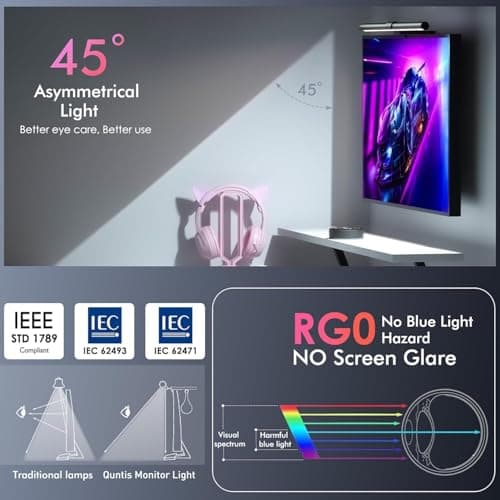 Quntis Monitor Light RGB Backlight, Eye-Care Computer Lights Bar Gaming Office Desk Lamp, 15 Modes Backlight, 3 Color Temperature & Brightness Dimmable Front Light, Ra95 Screen No Glare Monitor Lamp 8