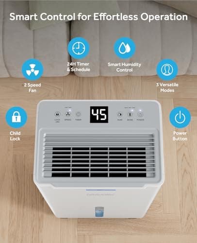 Dehumidifiers for Home with Drain Hose, Smart Humidity Control, 3 Modes for Bedroom and Bathroom, Dry Clothes, 24H Timer (White) 5