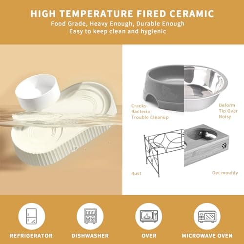 Rexinchen Ceramic Elevated Cat Bowls 15° Tilted Raised for Indoor Cat Anti Vomiting Food and Water Bowl Set Dog Bowls for Small Dog Whisker Fatigue Pet's Dishes (White) 6