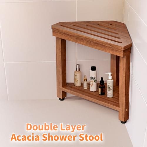 Shower Foot Rest 15 in, Acacia Shower Stool for Shaving Legs,Corner Bath Shower Bench with Starage Shelf for Inside Small Shower Spaces 6