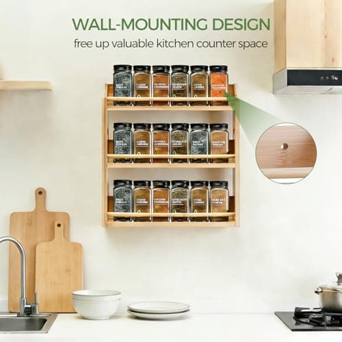 Bambition Bamboo Spice Rack Organizer, 3 Tier Spice Jars Storage Rack with Handles, Seasoning Shelf for Kitchen Counter or Wall 5