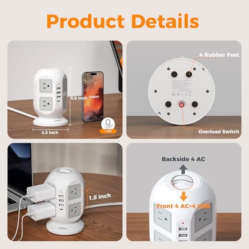 TESSAN Tower Surge Protector Power Strip 10 ft, Long Flat Extension Cord with Multiple Outlets, 8 AC Outlets with 4 USB Ports (1 USB C), Charging Station with Surge Protection, for Home Office Dorm 6