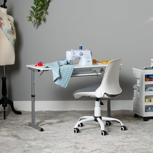 Rollaway II Compact Portable Folding Sewing Table, Silver/White 2