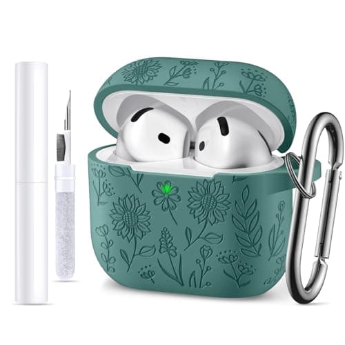 for Airpods 4 Case, DaQin Flower Engraved Case Compatible with Apple Airpods 4th Generation Cases for Women, Cute Soft Silicone Full Protective Cases Cover with Cleaner Kit & Keychain, PineGreen