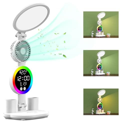Viscogrip LED Desk Lamp with Fan, Desk Lamp for College Dorm, Dimmable Colorful Led Lights, USB Charging Port, Adjustable Folding with Clock Date, Pen Holder, Temperature, Home Office