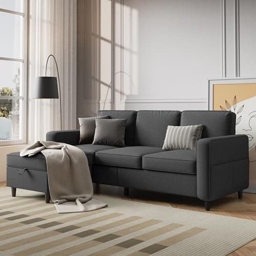 Lonkwa Sectional Sofa and Couches for Living Room - 78'' Dark Grey 3 Seat L-Shaped Couch with Storage Ottoman, Modern Linen Convertible Sectionals Sofas with Chaise for Apartment, Office, Small Space