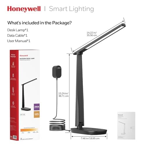 Honeywell LED Desk Lamp for Home Office, Eye-Caring Light with 4 Color Modes & Touch Control, USB A+C Charging Ports, Adjustable Rotating Head with Timer for Reading, Bedroom & Small Desks 7