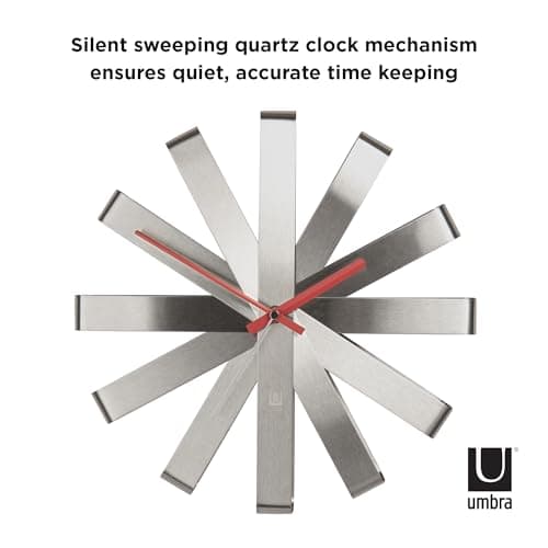 Umbra Ribbon Modern 12" Wall Clock, Silent Non Ticking Battery Operated Quartz Movement, Stainless Steel 5