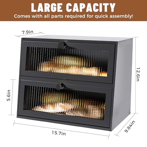 JUATPNIY Bread Box for Kitchen Countertop,Extra Large 2 Layer Breadbox Wooden Farmhouse Bread Storage Container Bread Bin Bread Holder Food Organizer Pantry Shelf Acrylic Window(Black) 5
