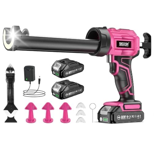 SEESII Cordless Caulking Gun, 21V Battery Powered Caulk Gun, Electric Caulking Gun w/2 x 2.0Ah Batteries, 9Pcs Caulk Remover Tool, LED Light, Auto Retract for Filling, Sealing (Blue) (Pink)